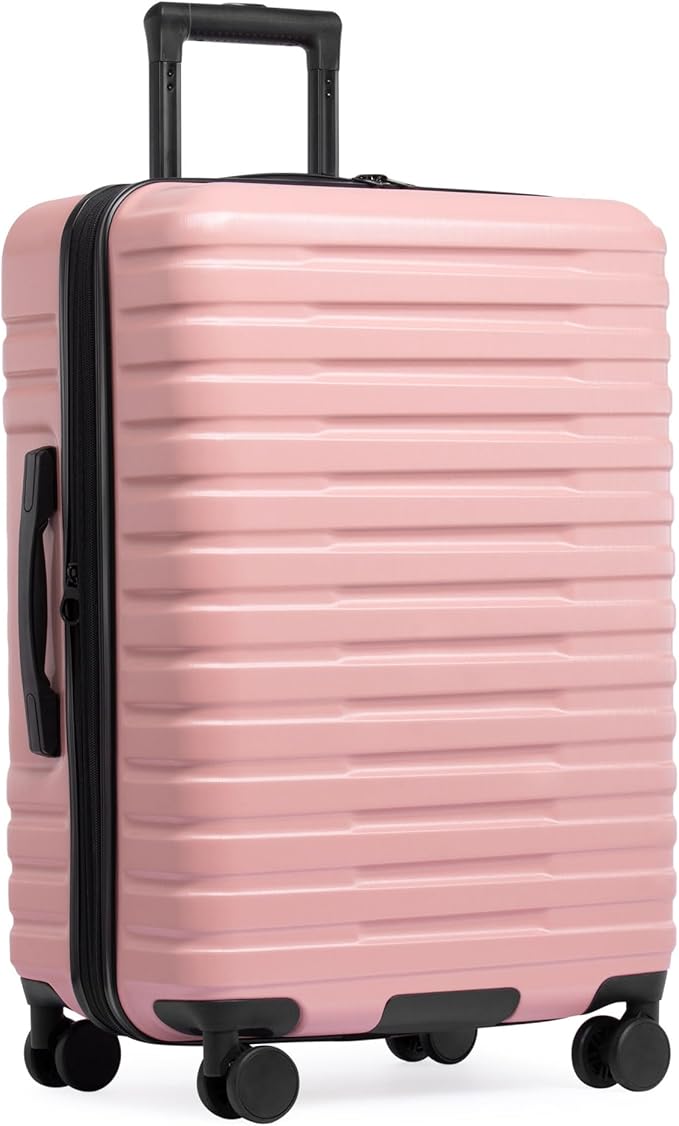 U.S. Traveler Boren Expandable Hardside Rugged Travel Luggage with 8 Spinner Wheels, Rose Pink, Checked-Medium 26-Inch