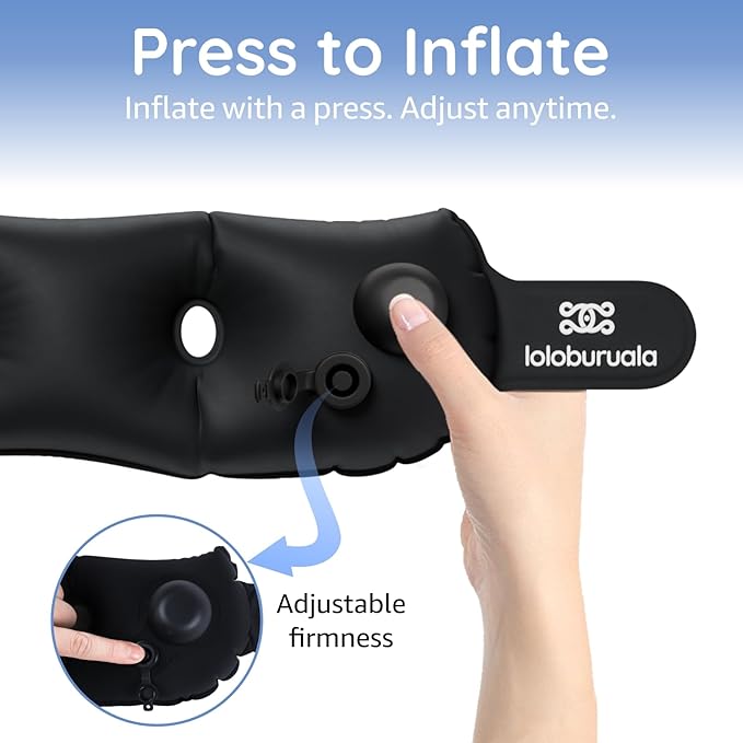 Inflatable Neck Pillow, Portable Travel Neck Pillow Airplane, Storable Black Neck Pillows Travel with Washable Cover, Adjustable Air-Fill Support