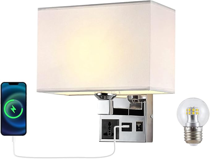 Bedside Wall Mount Light with USB, LED Reading Swing Arm Fabric Shade Wall Sconce, Hardwired Wall Lamp for Bedroom, Living Room Hotel (Chrome)