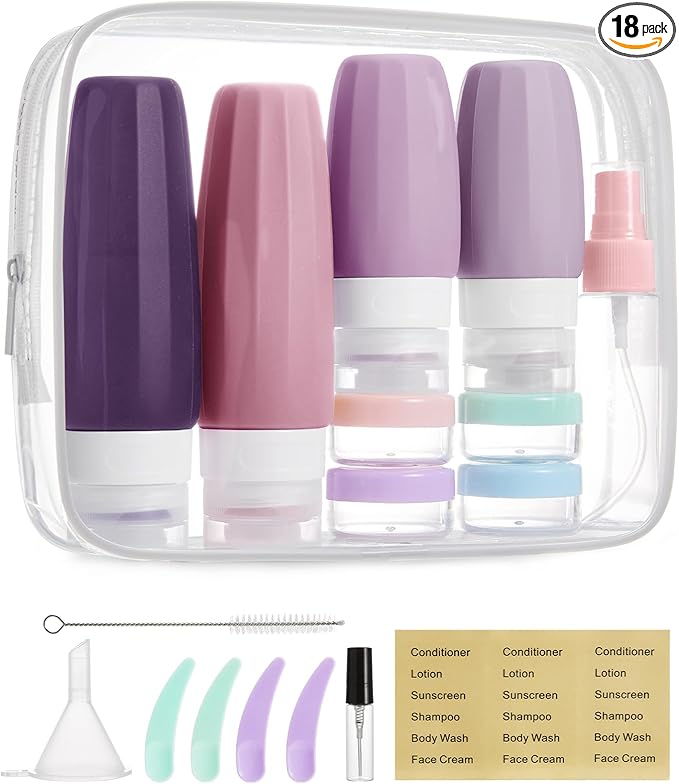 BAGSMART 18 Pack TSA Approved Travel Bottles for Toiletries, Leak Proof Silicone Travel Size Containers Bottles for Shampoo, Purple