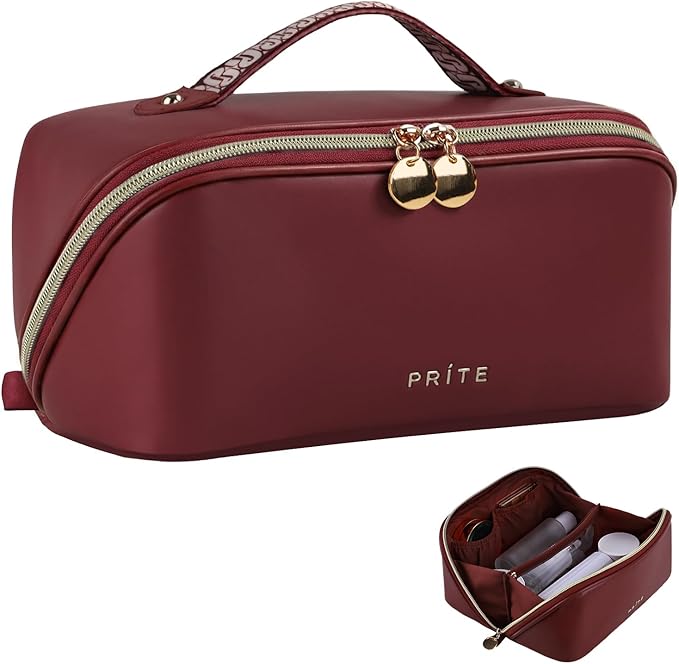 Prite Makeup Bag for Women Travel Waterproof Vegan Leather Cosmetic Bag Open Flat Toiletry Bag With Clear Divider and Handle (Dark Red)
