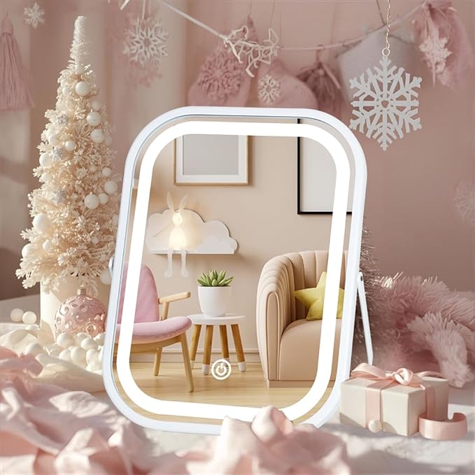 Vanity Mirror with Lights 6x8 Inch, Rechargeable Makeup Mirror for Desk, 3-Color Lighting & Touch Control Tabletop Mirror Lights, Portable Cordless Travel Mirror