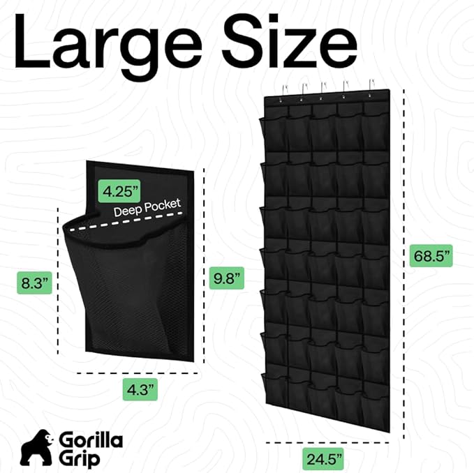 GORILLA GRIP Over the Door Shoe Organizer, 35 Large Breathable Mesh Pockets, Space Saving Hanging Storage Holder, 5 Hook Closet Rack Hanger, Hangs on Closets for Shoes, Accessories 68.5H x 24.5W Black