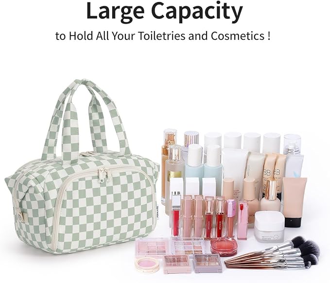 Narwey Travel Toiletry Bag for Women, Checkered Large Makeup Bag, Wide Open Cosmetic Make Up Organizer with Handle, Wet Pocket for Towel, Travel Bag for Toiletries, Brushes, Essentials (Green Checker)