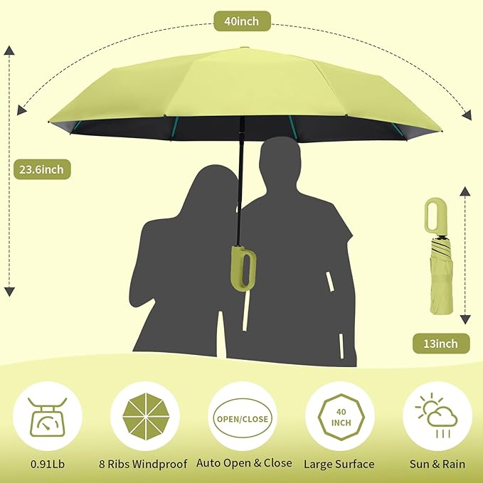 Compact Automatic Folding Travel Umbrella-Windproof Rainproof, PF50+ Sun Protection for Hiking,Outdoor,Chool,Golf Course & Daily Use,Sturdy Multi-Ribbed Frame