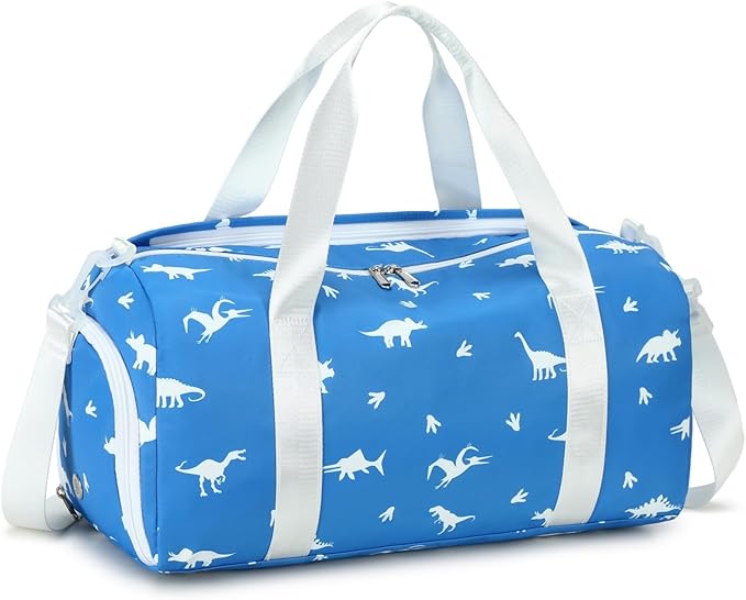 CAMTOP Kids Duffel Overnight Bag Boys Girls Toddler Weekender Carry-On Personalized Tote for Travel Gym Sport (A-Blue White Dinosaur)