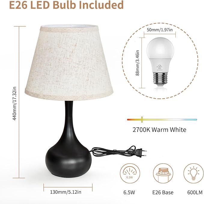 ONEWISH Touch Bedside Lamp for Bedroom, 3-Way Dimmable Farmhouse Table Lamps for Nightstand with Fabric Shade, Desk Lamp for Kids Reading, Home Office