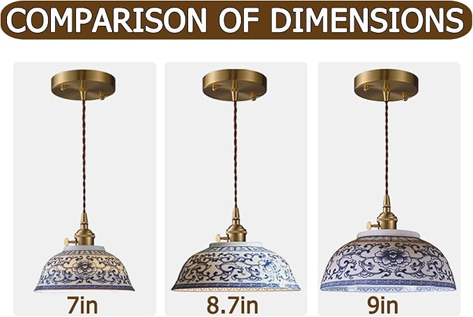 Ceramic Pendant Light, Chinese Blue and White Porcelain Pendant Light fixtures, Bedside Light, Hanging lamp for Kitchen Island Light Fixture, Home Bedroom Dining Room Ceiling Hanging Light 9in