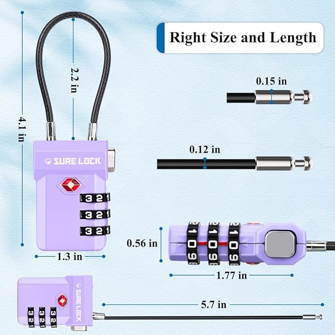 SURE LOCK TSA Approved Luggage Locks – 3-Digit Combination Cable Lock with Red Indicator, Large Dial & Easy-Press Button for Suitcases and Backpacks – Multi-Pack & Color Options