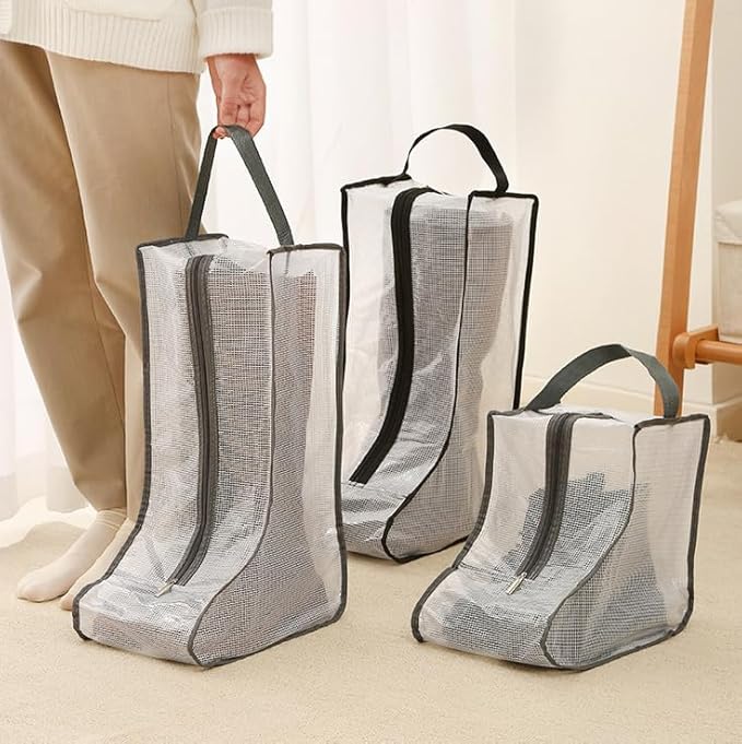 2 Set Boot Storage,Portable Short Boots and Tall Boots Storage or Protector Bag,Shoe Dust Bags,Shoe Sleeves for Travel,Clear Boots Cover,Shoes Packing Organizers for Adult Sneakers (Black Edge-Tall)
