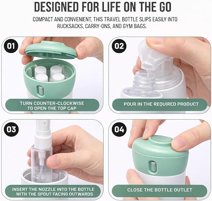 Travigo 4-in-1 Travel Dispenser Bottle, TSA Approved, Leak Proof, Four Reusable 1.4 oz. (40 mL) Toiletry Containers for Shampoo, Conditioner, Soap, Lotion, Skincare (Green)