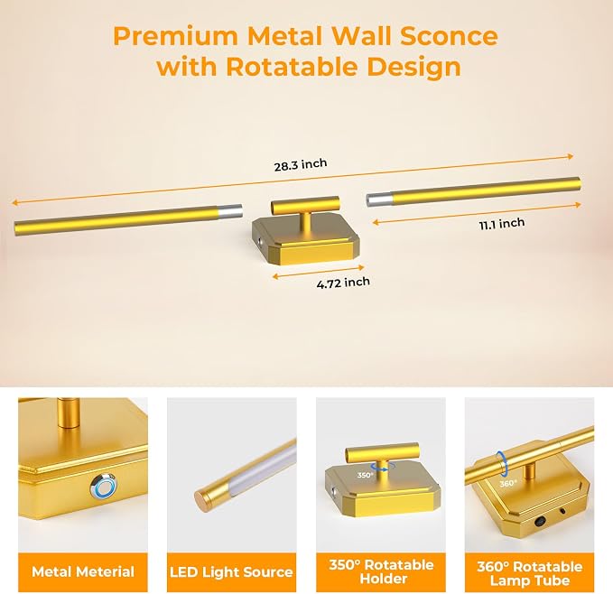 Rechargeable Wall Light Detachable 360°Rotate Wireless Dimmable 4 Pack | Battery Operated Wall Sconce 3000-6500K with Remote Control 10000mAh for Bedroom Living Room 28.3" Black Gold