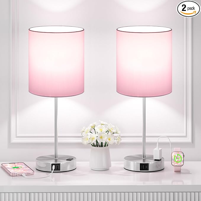 17.6" Pink Touch Lamps for Bedroom Set of 2 - Dimmable, USB C+A, AC Outlet | Large 17.6" Tall Lamp, 3-Way Dimming, 5000K Daylight Bulbs, Pink Lampshade Silver Base, Decor for Living Room, Boys, Girls