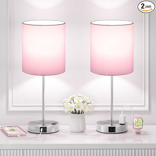 17.6" Pink Touch Lamps for Bedroom Set of 2 - Dimmable, USB C+A, AC Outlet | Large 17.6" Tall Lamp, 3-Way Dimming, 5000K Daylight Bulbs, Pink Lampshade Silver Base, Decor for Living Room, Boys, Girls