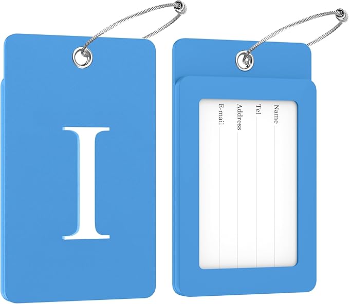 Gostwo 2 Pack Luggage Tags for Suitcases, 26 Initial Letter Travel Luggage Baggage Identification Labels ID Tag Fully Bendable Tags with Stainless Steel Loop (Blue) (Letter I)
