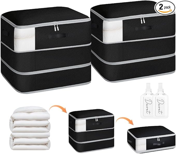 2 Pack Compression Storage Bags - 110L Large Capacity Comforter Storage Bag, 3-Layer Washable Ultra Space Saving Self Compression Organizer Space Bags for Blanket, Sweater, Sheet, Black