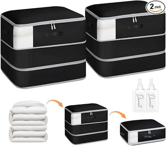 2 Pack Compression Storage Bags - 110L Large Capacity Comforter Storage Bag, 3-Layer Washable Ultra Space Saving Self Compression Organizer Space Bags for Blanket, Sweater, Sheet, Black