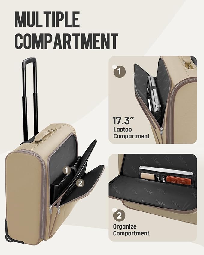 MATEIN Garment Bag with Wheels, Large Wheeled Garment Bags for Hanging Clothes with 2 Packing Cubes, Foldable Softside Travel Suit Carrier for Women, Business Suitcase Luggage Fits 17" Laptop, Khaki