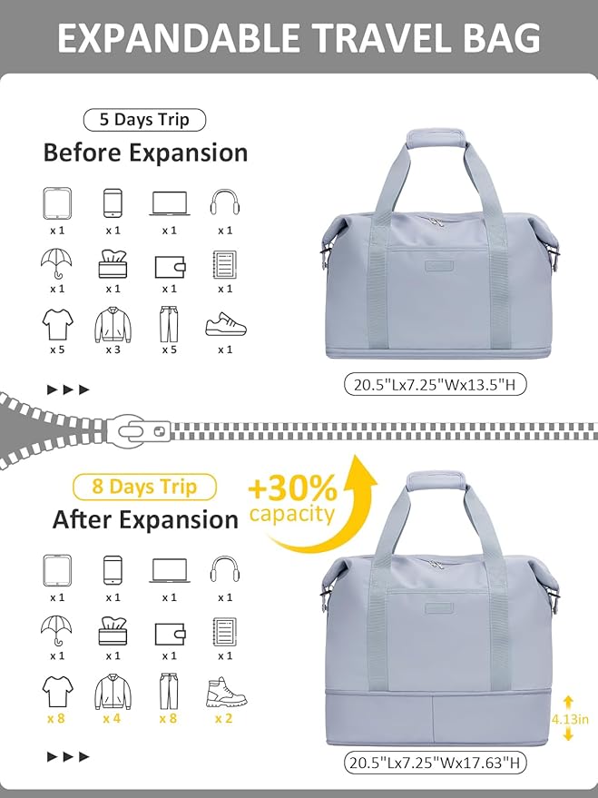 Expandable Travel Duffle Bags Weekender Overnight Bags for Women Men Hospital Bag for Women Labor Delivery with Toiletry Bag Waterproof