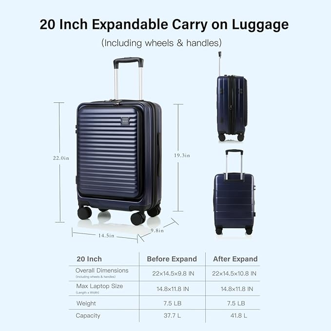 Carry On Luggage Airline Approved, 20 Inch Expandable PC Hardside Lightweight Suitcases with Spinner Wheels and TSA Lock (Dark Blue, 20 Inch)