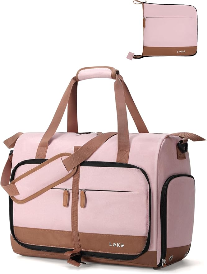 Lekesky Foldable Travel Duffle Bag for Women, Large Duffel Bag with Separate Shoes Compartments & Straps, Carry On Weekend Bag for Women, Hospital, Overnight (Pink, 30L)