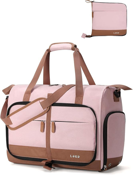 Lekesky Foldable Travel Duffle Bag for Women, Large Duffel Bag with Separate Shoes Compartments & Straps, Carry On Weekend Bag for Women, Hospital, Overnight (Pink, 30L)