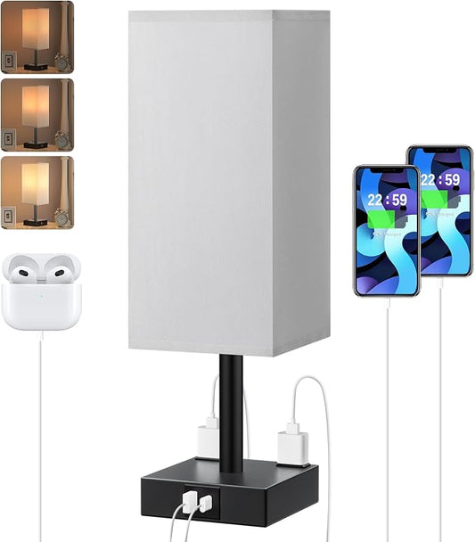 Grey Touch Table Lamp for Bedroom - Dimmable, USB C+A, 2 AC Outlets | 3-Way Dimming, 3000K Bulb Included, Square Grey Lampshade and Black Base, Desk Lamp for Nightstand, Living Room, Dorm