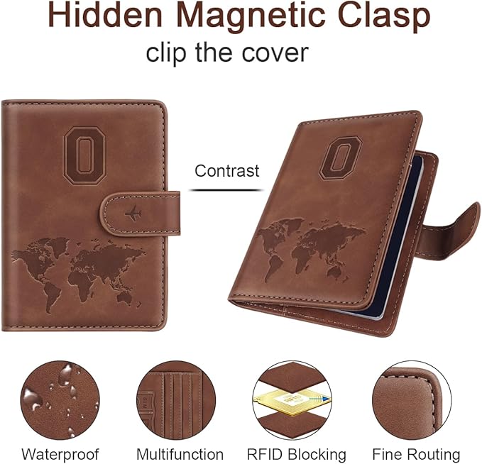 Passport Holder Wallet Cover Personalized Letter A-Z Travel Wallet RFID Blocking Passport Cover Wallet Case for Travel Passport Book Holders for Women and Men, Brown-O