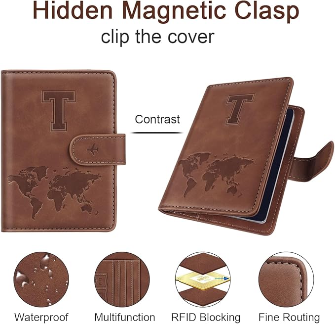 Initial Letter T Passport Cover Personalized RFID Blocking Passport Wallet for Adults, Travel Passport Book Holders for Women and Men, 4 Card Slots, Magnetic Closure