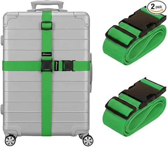 Luggage Straps for Suitcases, Adjustable Travel Suitcase Belts with Buckle Closure, Designed for Carry-On and Checked Luggage, Reusable Travel Accessory, Green - Pack of 2