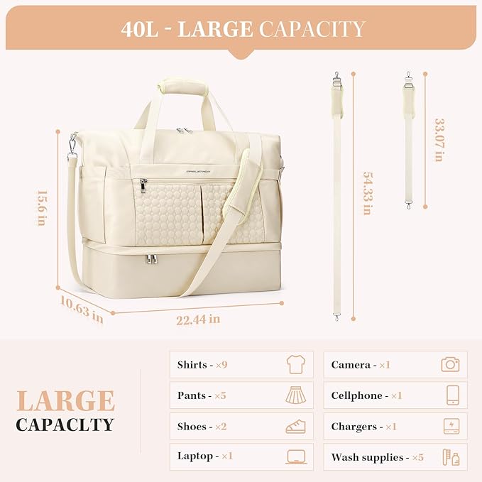 Maelstrom Gym Bag for Women,40L Travel Duffel Bag with Shoes Compartment and Wet Pocket,Waterproof Carry On Weekender Bag,Sport Gym Tote Bags Swimming Yoga, Hospital Holdalls（Beige)