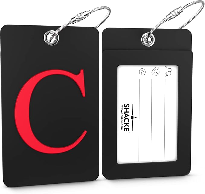 Shacke Luggage Tag Initial - Fully Bendable Tag w/Stainless Steel Loop - Black (Letter C)