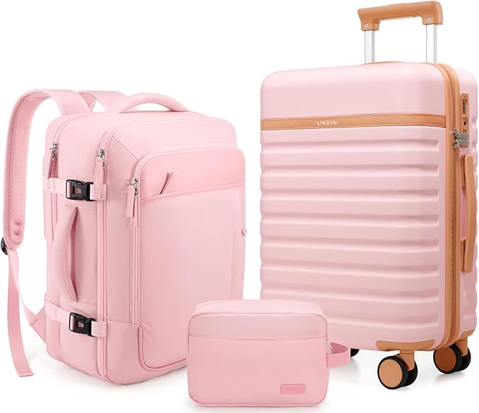 UKEIN Luggage Sets 3 Piece, PC Hardside Checked Luggage 28 Inch With Spinner Wheels with TSA Lock, Large Suitcase Set With Travel Backpack for Men (Pink, 3 piece set (28inch))