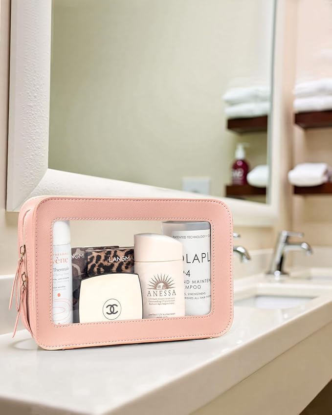 LETGO Clear Makeup Bags, TSA Approved Toiletry Bag with Zipper, Makeup Organizer for Carry-on Travel Essentials, Car Accessories Organizers Storage for Women Men (Clear-Pink)