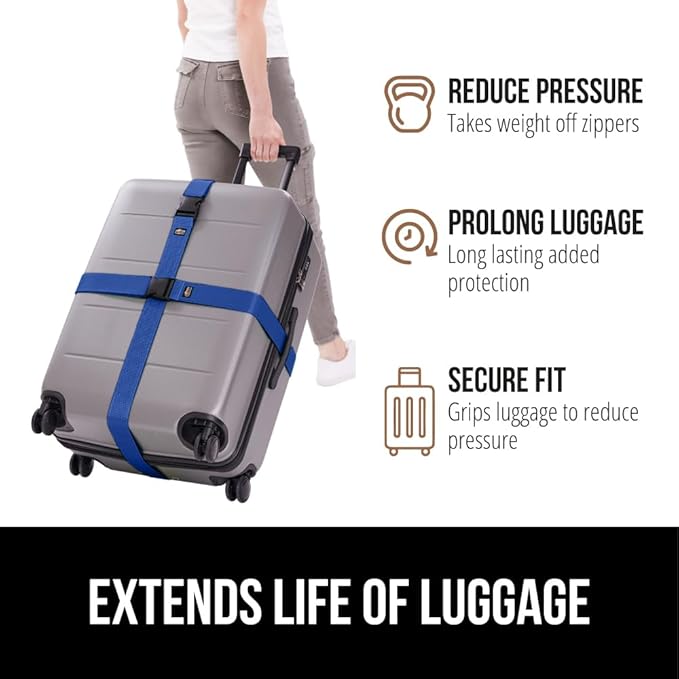 GORILLA GRIP Heavy Duty 8 Pack Adjustable Luggage Straps for Suitcases, Easy to Identify Travel Belt Connector Holds Suitcase Together, Extends Life of Bag, Strap Connects Two Bags, Accessories Blue