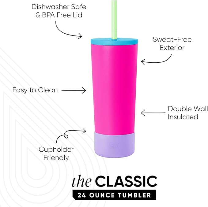 Simple Modern Classic Tumbler with Lid, Straw, & Boot | Insulated Iced Coffee Cup Reusable Stainless Steel Water Bottle Travel Mug | Gifts for Women Men Her Him | 24oz | 80s Mix