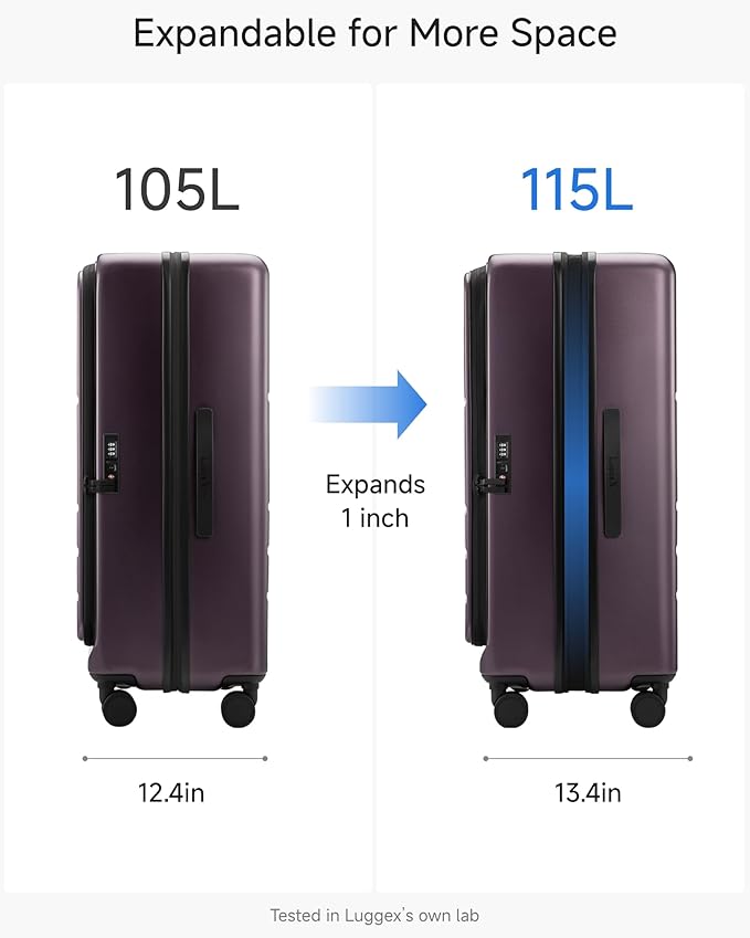 LUGGEX Checked Suitcase with Spinner Wheels, FLO5 Top Opening Expandable Polycarbonate Hard Shell Suitcase with TSA Approved Lock (FX-Core, Purple, 28 Inch)