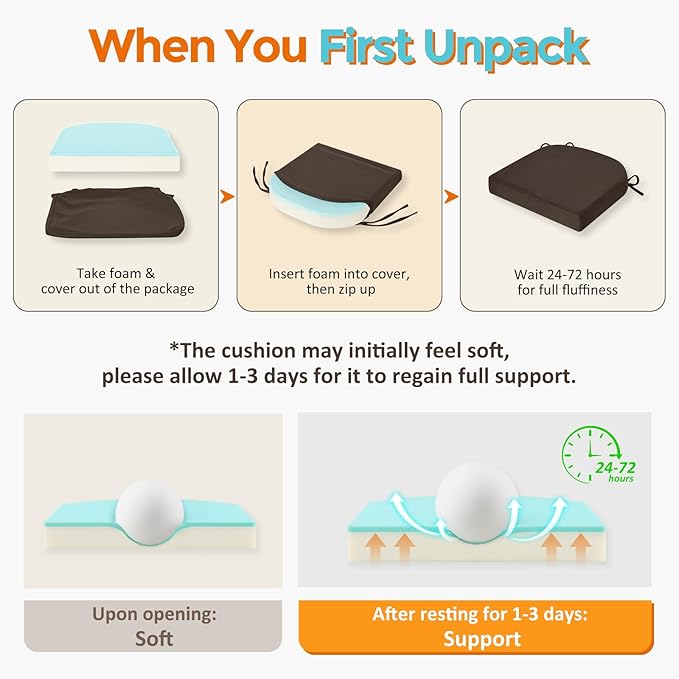 downluxe Chair Cushions for Dining Chairs, Memory Foam Linen Kitchen Chair Pads with Ties, Waterproof, Stain-Resistant and Washable Cover, 17" x 16" x 2.5", Brown, 6 Pack