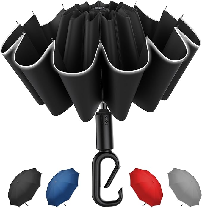 Windproof Compact Travel Umbrella,Large Strong but Light Portable and Automatic Folding Rain Umbrella, small inverted for travel size