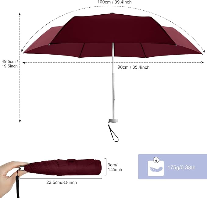 Lejorain Travel Mini Umbrella for Purse - Black Compact Durable Cool Teflon Light Weight Flat Backpacking Umbrella Portable Paraguas