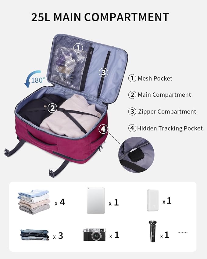ECOHUB 17" Small Travel Backpack, United Airlines Personal Item Bag 17x10x9 with 16 Pockets, Water Resistant Rucksacks Fit 15.6" Laptop, AirTag Pocket, Lightweight Casual Daypack, 25L, Red