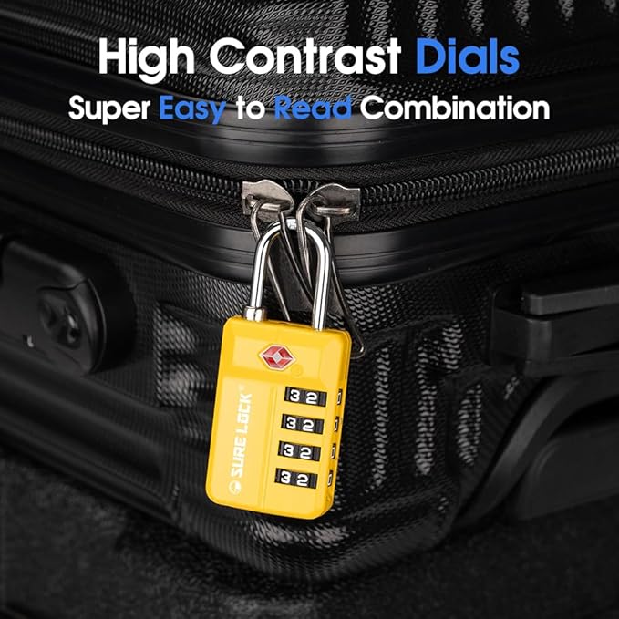 TSA Approved Travel Luggage Locks, Open Alert Combination Lock for School Office & Gym Locker ,Toolbox, Pelican Case,Easy Read Dials- 1, 2 & 4 Pack (1, Yellow 2 Pack)