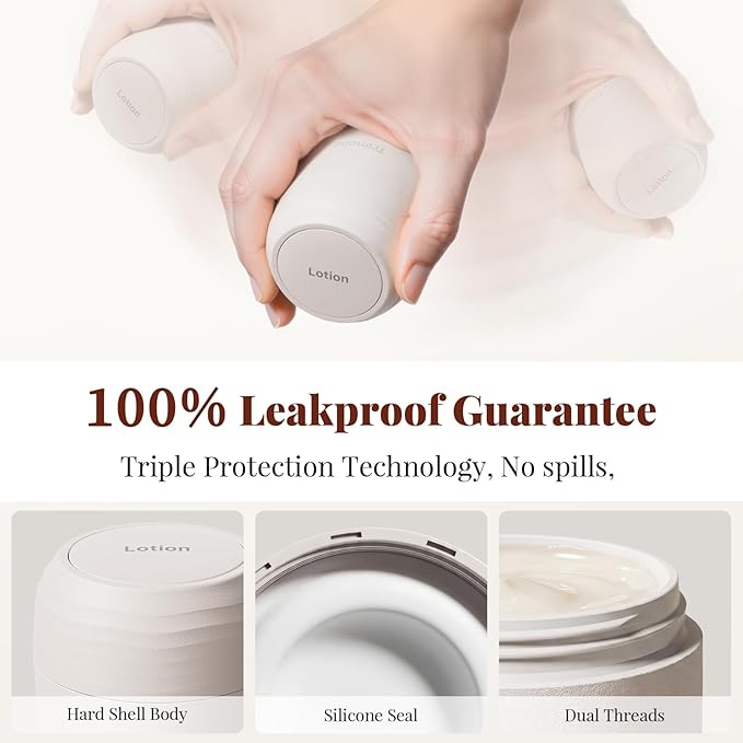 New Travel Toiletry Containers [Ultra Leakproof] TSA-Approved, PLA Hard Shell Jars with 5 Magnetic Labels, Wide Mouth Bottles for Lotion, Cleanser, Shampoo, Conditioner, Beige, 3 Pack, 1OZ
