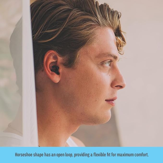 Hush Hoops Ear Plugs, Ultra-Soft Reusable Noise Reducing Earplugs with Horseshoe Shape for Comfort, 4 Tip Sizes for Customizable Fit, 17dB (NRR) Noise Reduction Rating, Black, 1 Pair with Travel Case