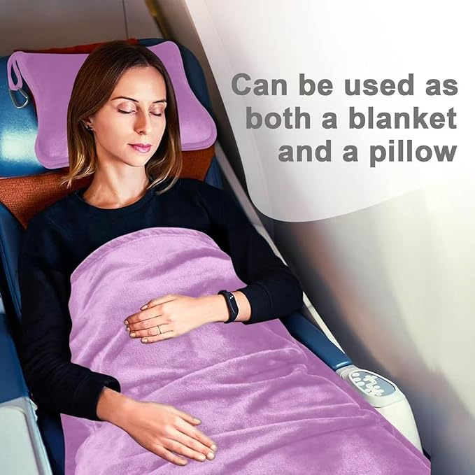 Travel Blanket and Pillow Compact, Premium Soft 2 in 1 Airplane Blanket with Soft Bag Pillowcase，Hand Luggage Sleeve and Backpack Clip (Solid Purple)