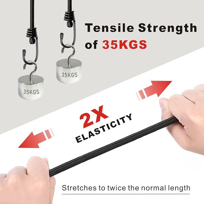 BEXSLE Bungee Cords with Hooks, Heavy Duty Outdoor Elastic Bungee Straps，No Odour Industrial Grade Bungee Rope for Securing Tarps, Luggage,Tents, Bikes or Garden Tidying 24in6pcs + 48in2pcs (Black)
