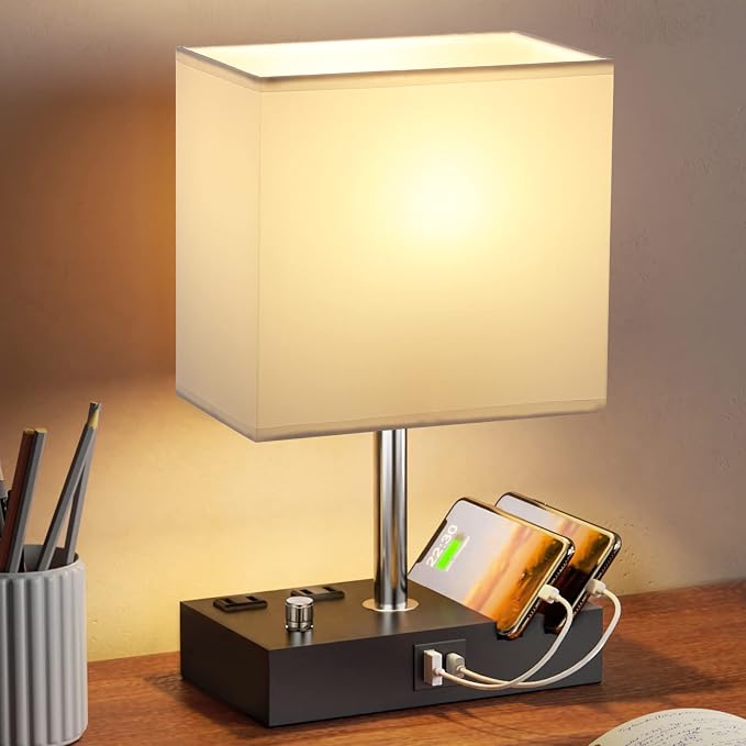 White Table Lamp for Bedroom - Stepless Dimmable, USB C+A, 2 AC Outlets | Dimming By Rotary Knob, USB C+A Ports, 2 Phone Stands, LED Bulbs Included, Rectangle White Lampshade, for Living Room, Desk