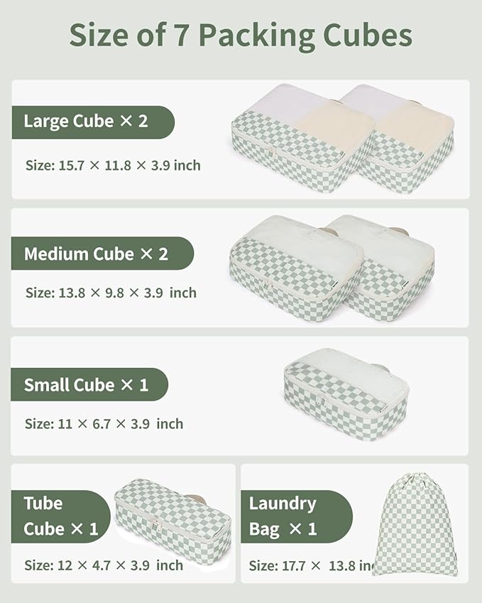 Narwey 7 Set Checkered Packing Cubes for Travel Kids Women, Durable Packing Organizer Bags for Carry on Suitcase Luggage Travel Essentials Accessories (Mint Green Checkerboard)