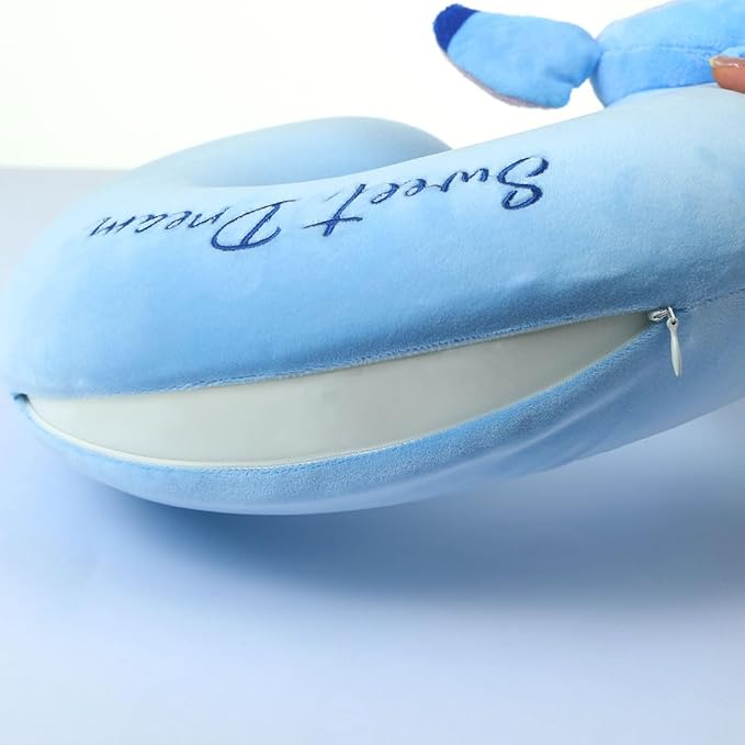 MINISO Disney Stitch Travel Pillow 100% Pure Memory Foam Neck Pillow, Airplane Pillow for Traveling Car Home Office Washable Cover