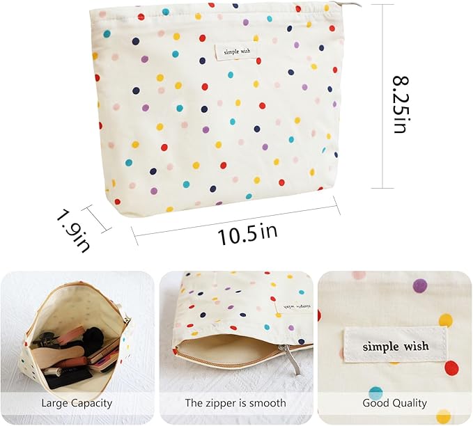 Wudygirl Large Capacity Makeup Bag Travel Cosmetic Bag Cute Makeup Organizer for Women Aesthetic Canvas Makeup Pouch Toiletry Bag Zipper Pencil Pouch (Colorful Dot)
